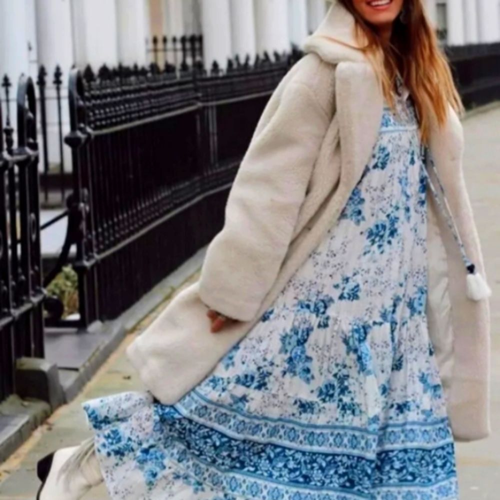 Zara Print Dress Blue/White V-Neck Long Sleeve Maxi Size M - Picture 4 of 8
